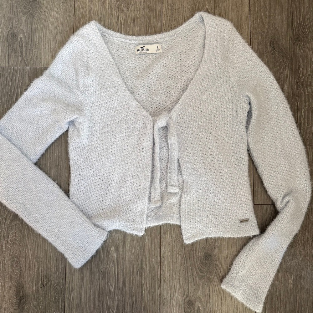 Hollister Fuzzy‎ Knit Cropped Cardigan Sweater Light Blue Tie Front Size S